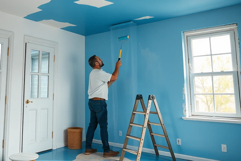 Mann streicht Decke und Dachschrägen blau