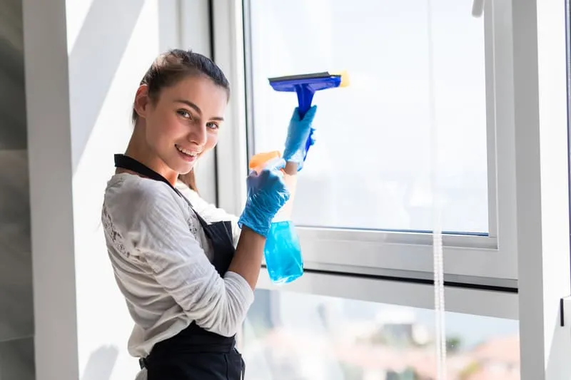Private Fensterputzerin im Einsatz