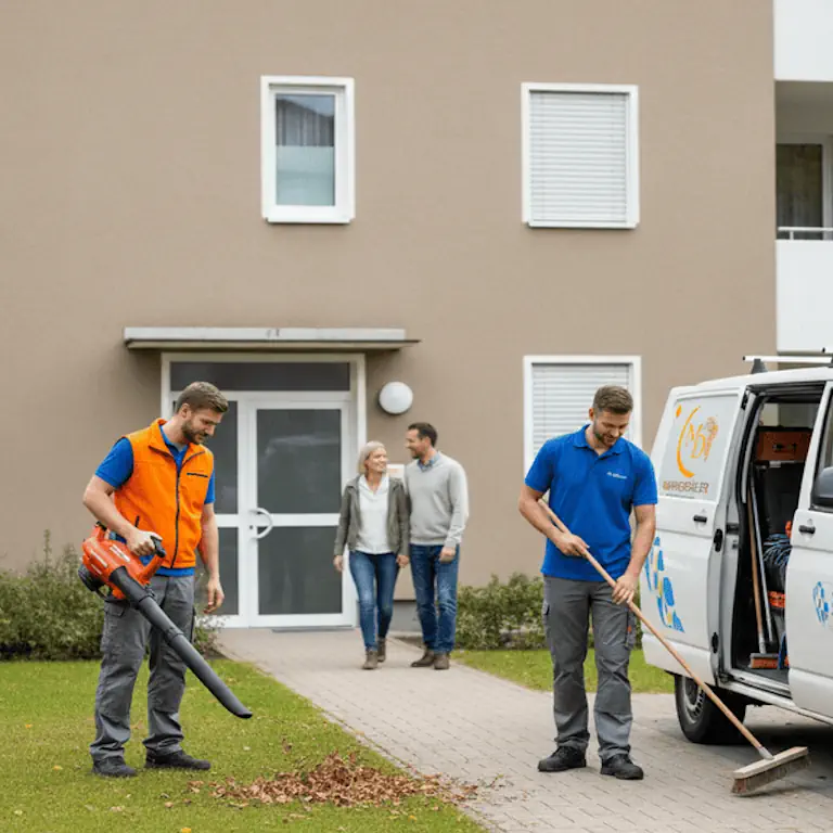Laubblasen am Mittag vor einem Wohnhaus